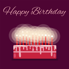 A birthday cake. Text Happy Birthday. Candles. Flat. Dark background