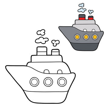 Vector educational illustration coloring page of cartoon ship character for children, coloring and scrap book