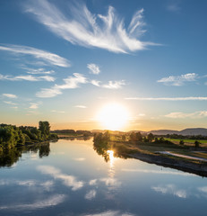 The sunset over river Weser in Germany