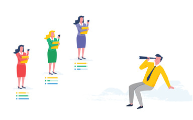 Businessman looking for right candidate on secretary job. Modern flat design illustration.