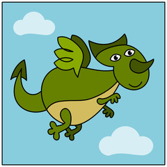 Funny dragon in cartoon style flying among the cloud