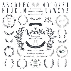 Wreaths and branches set. Laurels, borders and hand drawn alphabet. Vector.