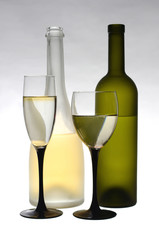 Wine in bottles and in glasses on a white background.