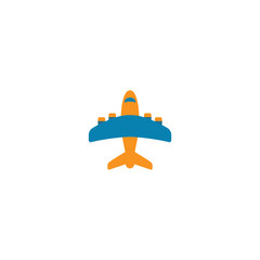 Airplane simple vector colorful cartoon icon. Airplane in orange and blue symbol.