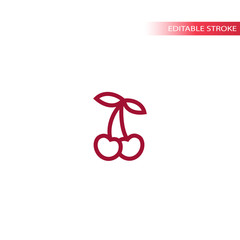 Cherry thin line simple vector icon. Cherries with leaves editable outline symbol.
