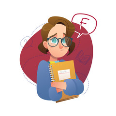 Cartoon science vector illustration with girl study exam on white background, great design for any purposes. Education isolated.