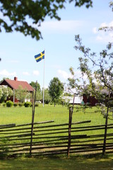Fototapeta na wymiar Traditional swedish red house and the swedish flag