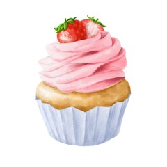 Hand drawn strawberry cupcake on watercolor paper. Delicious food illustration.