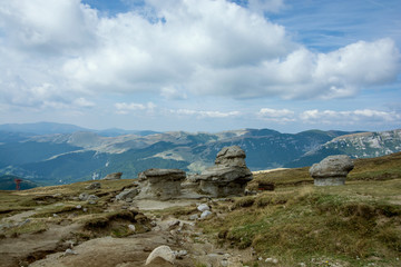 The Bucegi Mountains, Romania. Beautiful Carpathian attraction for tourists. Natural old park