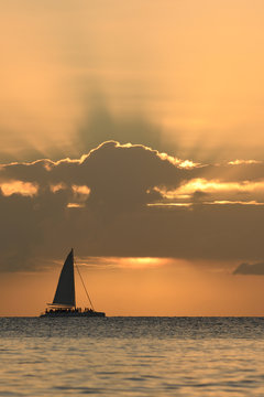 Caribbean Catamaran On Sunset