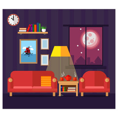 Living room in the evening. A place to relax, home comfort. Vector illustration in flat style.
