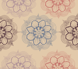 doodle mandala flower seamless pattern in retro shades