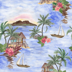 Watercolor painting seamless pattern with hawaiian lanscape, palm tree, tropical leaves, hibiscus flowers, sailboat