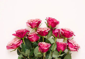 Fototapeta premium Flowers composition. Roses flowers on white background. Flat lay, top view, copy space. - Image