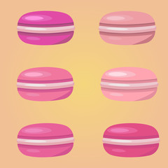 Colorful watercolor macaroons on pink background. Food flat