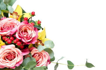 Flowers composition. Bouquet flowers on white background. Top view, copy space. - Image