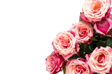 Flowers composition. Roses flowers on white background. Flat lay, top view, copy space. - Image