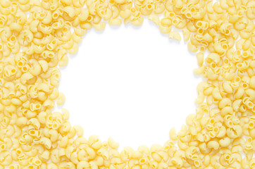 Raw pasta as food background. Top view or flat lay with copy space