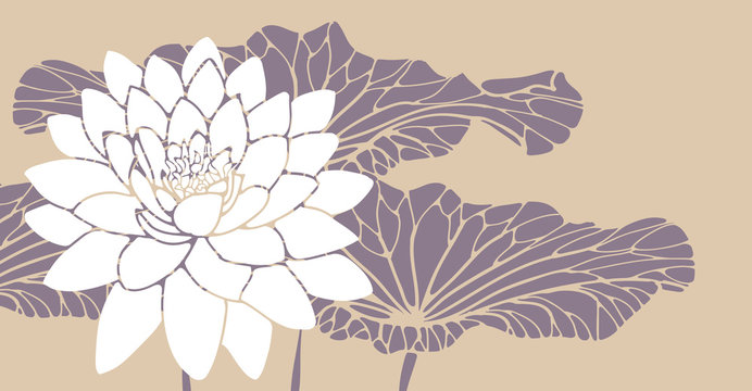 lotus flower with leaves card in retro ivory purple shades