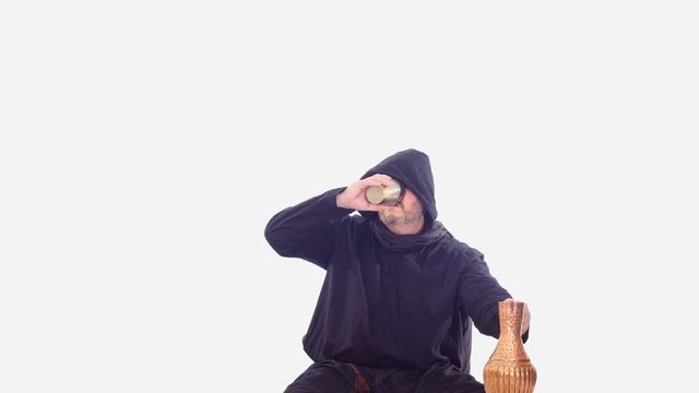 drunken medieval man in hoodie drinks vine white screen