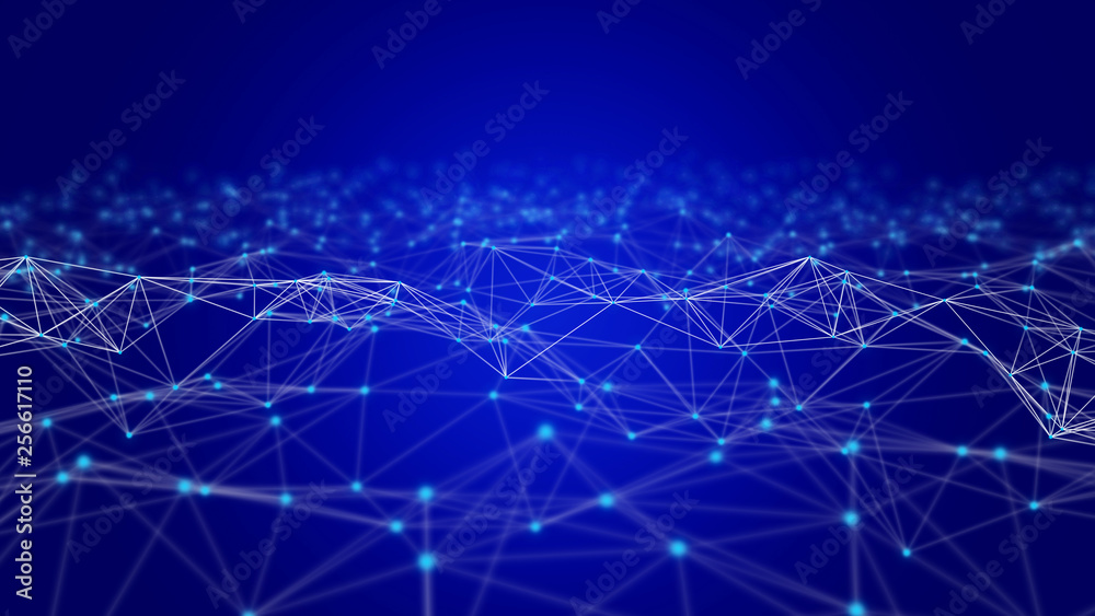 Poster digital data and network connection triangle lines and spheres in futuristic computer technology con