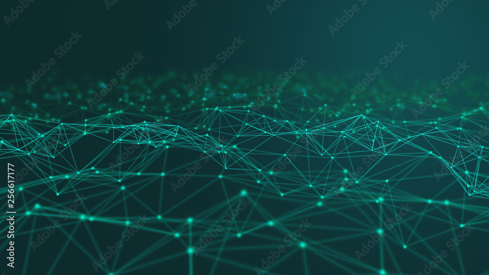 Poster digital data and network connection triangle lines and spheres in futuristic computer technology con