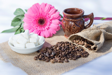 Coffee grinder, coffee beans and cups decoration
