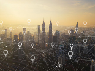 Map pin flat of city, global business and network connection in futuristic technology concept in...