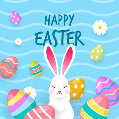 Happy Easter Card Vector illustration, White bunny with colorful eggs on blue background.