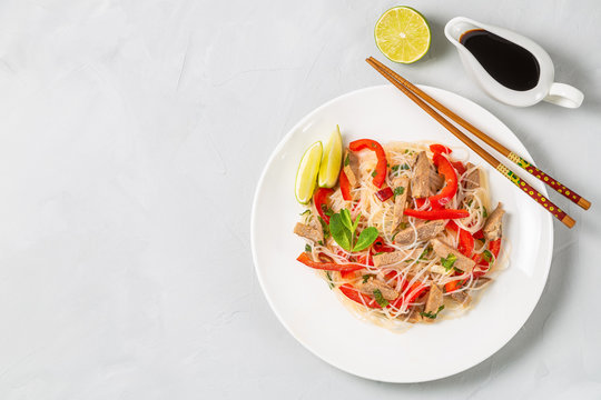Glass noodles salad with meat. The view from the top. Copy-space.   