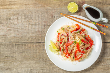 Glass noodles salad with meat. The view from the top. Copy-space.   