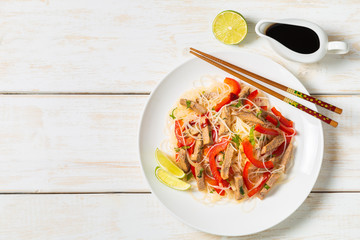 Glass noodles salad with meat. The view from the top. Copy-space.   