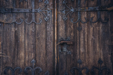 Close up on a wooden door of Evangelical church in Stezyca, small town in Kashubia region, Pomeranian Voivodeship in Poland
