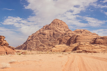 Fototapeta na wymiar Rocky mountain in Wadi Rum valley in Jordan