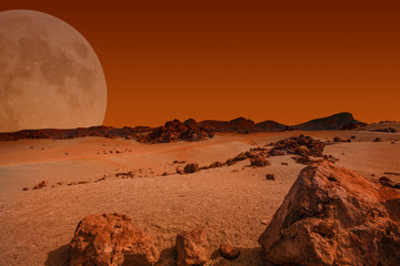 Red planet with arid landscape, rocky hills and mountains, and a giant Mars-like moon at the...