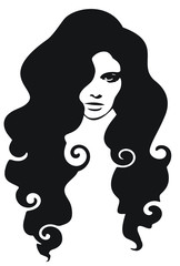 Beautiful curly hair  framed the face of a young woman. Black  colored emblem