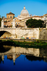 Basilica of San Pietro Rome, seen from the bridge over the Tiber in the morning at dawn