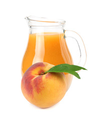 jug of peach juice with peach fruit and slices isolated on white background.