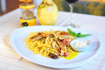 Spaghetti with Foie Gras, goose liver the traditional delicious Italian food