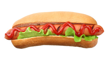 Hot dog grill with lettuce isolated on white background. fast food.