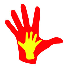 Children's hand on the background of an adult hand. This emblem is a symbol of trust, care, protection and parental love