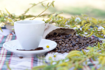 Coffee grinder, coffee beans and cups decoration