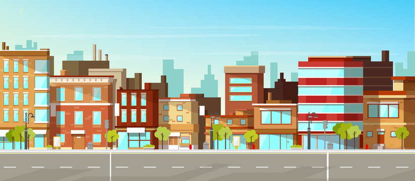 Modern Town Street Panoramic Flat Vector. Low-rise Houses With Brick Walls, Blank Signboards On Storefronts, Public Buildings, Sidewalk And Road Illustration. City Commercial Real Estate Background