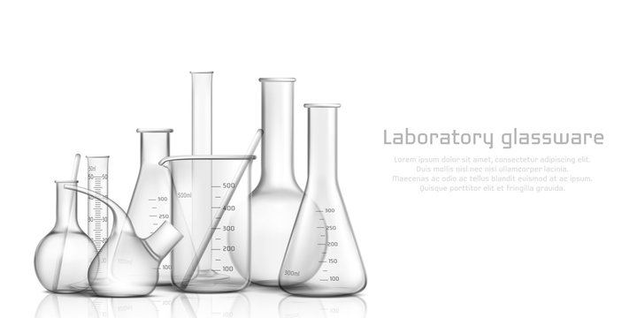 Chemical, biological science laboratory glassware collection 3d realistic vector banner, poster. Empty, graduated with milliliters scale glass tube, beaker and flask illustration on white background