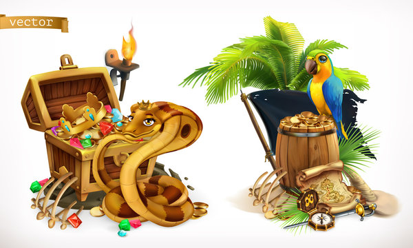 Treasure hunt and adventure. Game logo 3d vector icon set