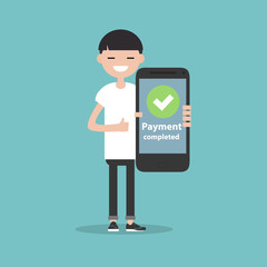 Payment completed.Young character holding a smartphone. Flat cartoon design,Clip art