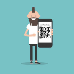 Qr code payment.Scan here to pay.Young character with smartphone.Flat cartoon design.Clip art
