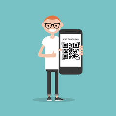 Qr code payment.Scan here to pay.Young character with smartphone.Flat cartoon design.Clip art