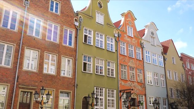 row of beautiful colorful buildings facades at the Gdansk city old town, Poland