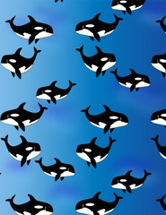 Obraz premium Orcas de diseño marino de ballenas sobre fondo azul. 